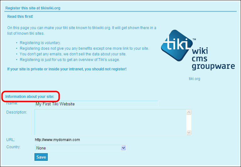 Tiki will automatically populate some fields (such as Name and URL) from your site's configuration.