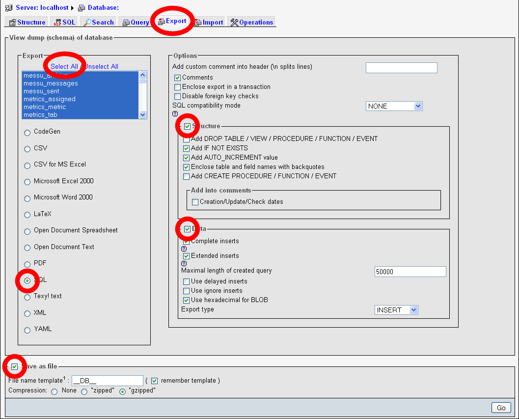 phpMyAdmin Export tab