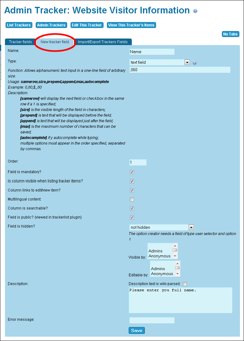 Admin Tracker Fields