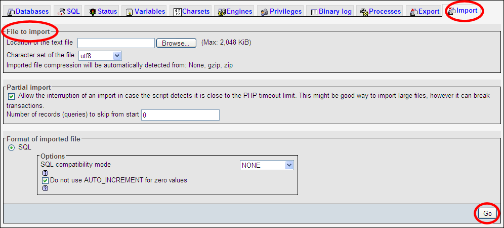phpMyAdmin Import tab